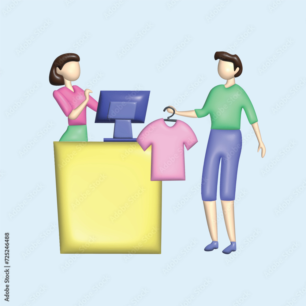 Happy people shopping at mall. Shopping concept. Realistic 3d object cartoon style. Happy people shopping at mall. Shopping concept. Realistic 3d object cartoon style.