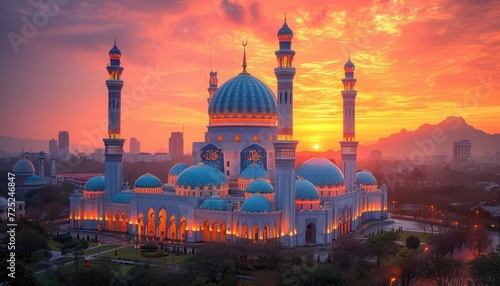 A mosque with a beautiful sunset in the background. The mosque is beautifully lit up and the sunset is casting a warm glow over the entire scene
