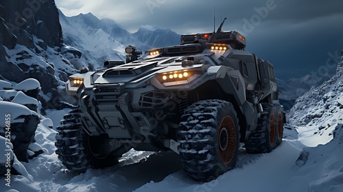 Armored reconnaissance vehicle navigating through a snow-covered landscape