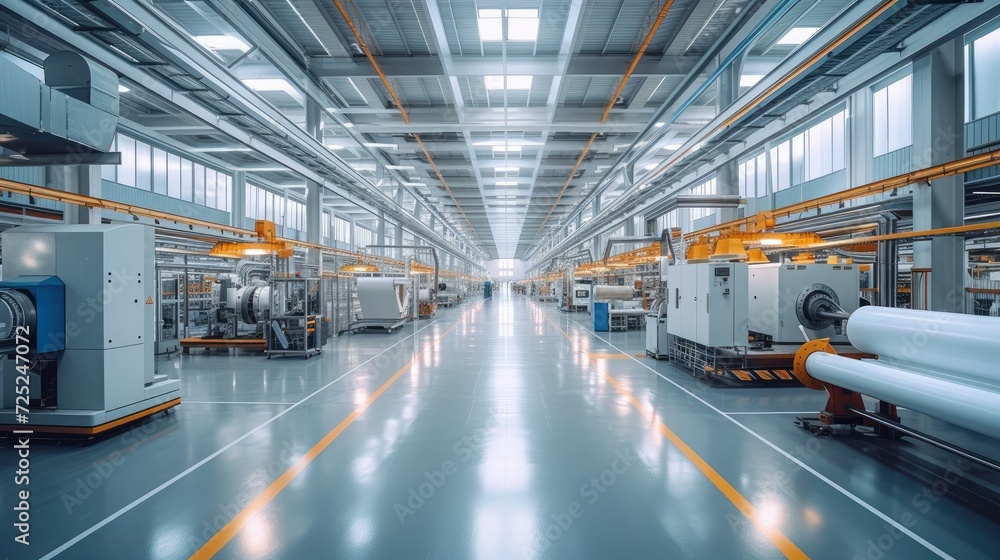 Fototapeta premium Modern manufacturing factory, clean and bright. Generative AI.