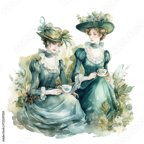 Classical woman drinking tea on transparent isolation, retro afternoon tea series clipart, afternoon tea clipart, children's clipart that can be printed directly