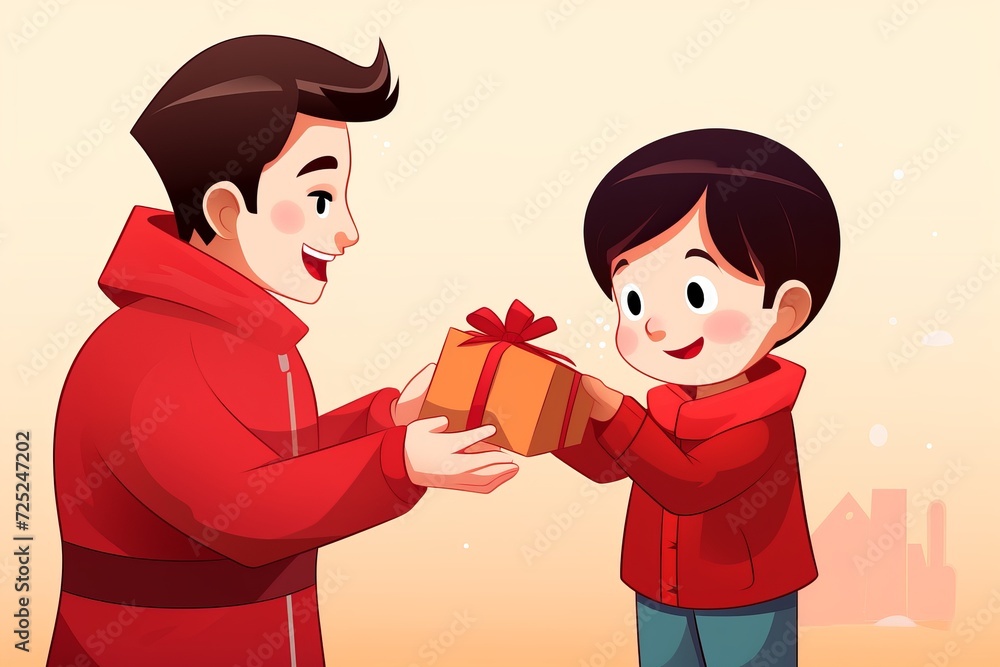 illustration of a father giving his child a present / gift illustration of a father giving his child a present / gift