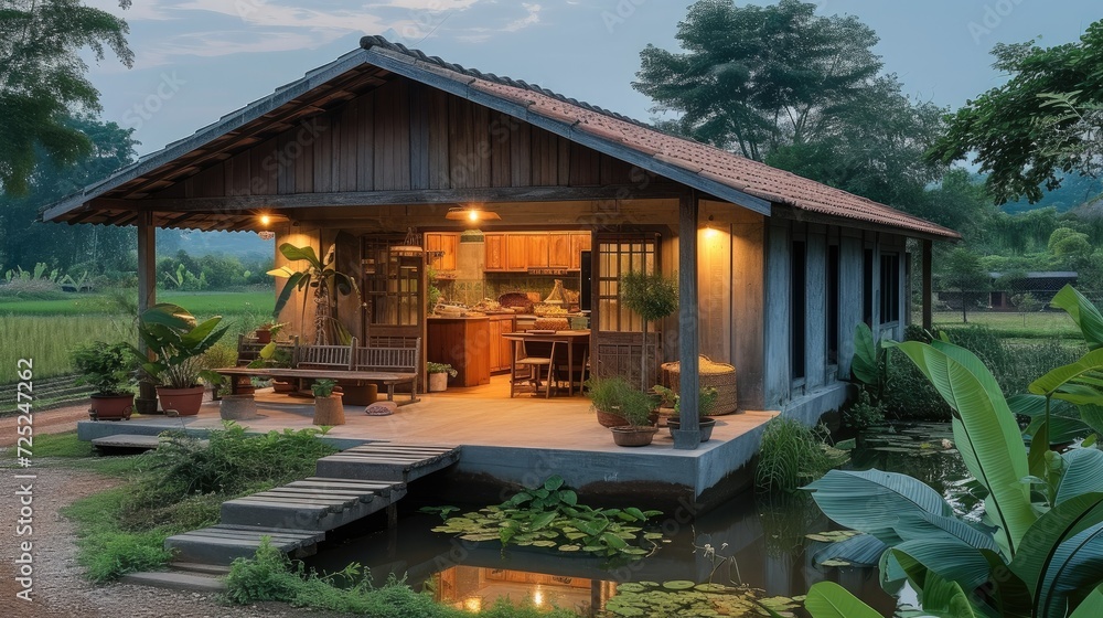 Small cement house There is a vegetable pond and kitchen garden. Evening view of rural Thai provinces. Generative AI.