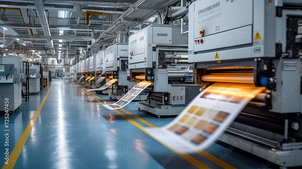 The production floor of a big digital printing company with large print machines printing packaging designs. Generative AI.