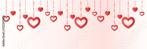 valentine hearts background.  Heart icons set. Valentine's day decoration. Valentine's day seamless banner or border. Hanging hearts seamless border isolated on transparent background . Hearts garland
