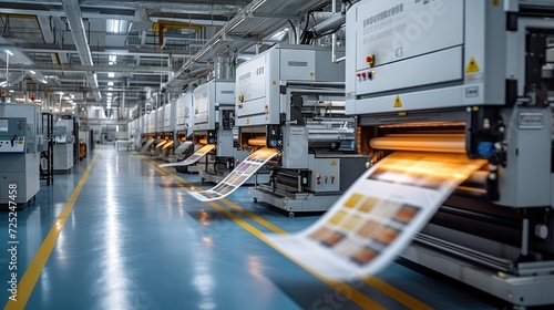 The production floor of a big digital printing company with large print machines printing packaging designs. Generative AI.