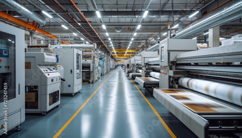 The production floor of a big digital printing company with large print machines printing packaging designs. Generative AI. photo
