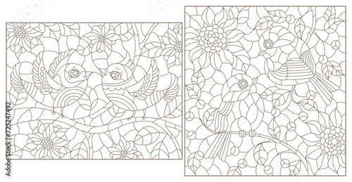 A set of contour illustrations in the style of stained glass with cute birds on branches and flowers, dark contours on a white background