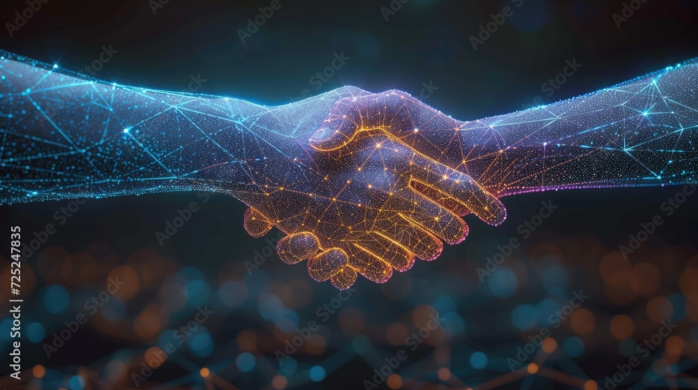 Handshake, Two wire-frame glowing hands, technology, business, trust concept. Generative AI. - obrazy, fototapety, plakaty 
