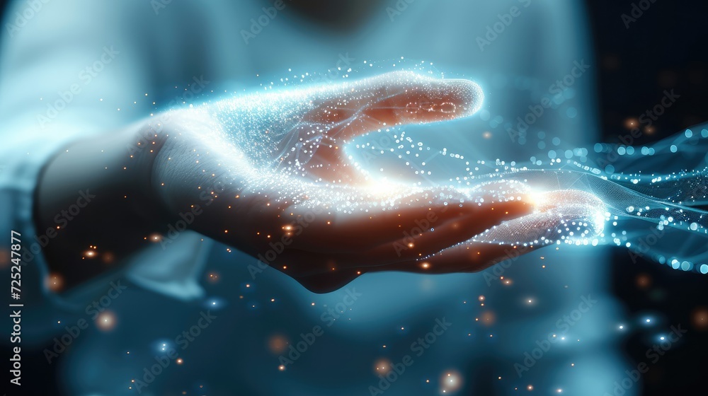 Fototapeta premium Technologies. Connection technologies background, hand, male, finger, virtual, grid, cyberspace, science. Generative AI.