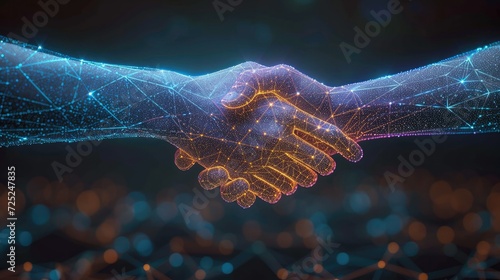 Handshake, Two wire-frame glowing hands, technology, business, trust concept. Generative AI. photo