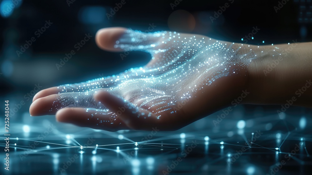 Fototapeta premium Technologies. Connection technologies background, hand, male, finger, virtual, grid, cyberspace, science. Generative AI.