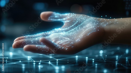 Technologies. Connection technologies background, hand, male, finger, virtual, grid, cyberspace, science. Generative AI. © visoot