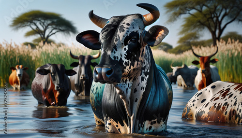 The Nguni is a cattle breed indigenous to Southern Africa.This indigenous breed offers outstanding beef production under harsh African conditions photo
