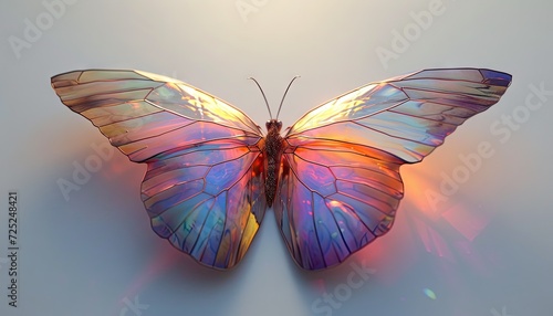 A holographic shape that resembles a butterfly and changes color when exposed to sunlight