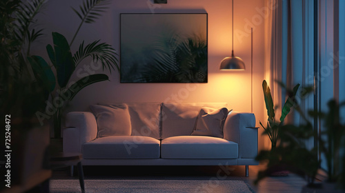 A clean interior with a cozy sofa and lighting. Generative AI © 종건 유