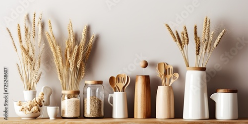 Scandinavian-style eco-friendly kitchen utensils and decor - cereal jars, wooden cutlery, dried flowers, and bottle with spikelets on kitchen table and shelves.