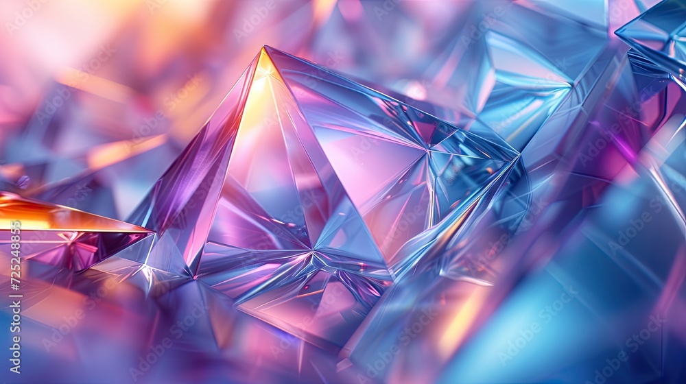 glass triangles, in the style of futuristic imagery, violet and cyan, close-up shots
