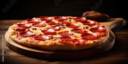 Pepperoni pizza on wooden table with toppings and empty space.