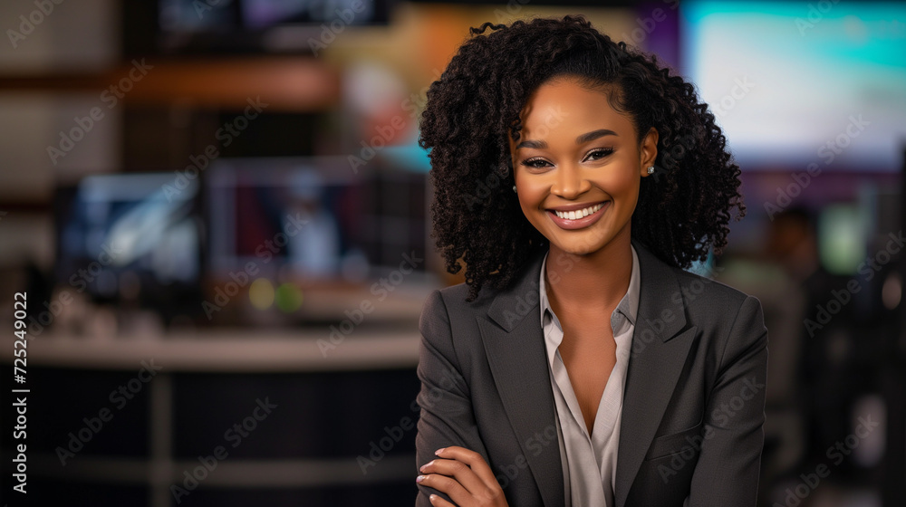 A smiling African American newscaster, professionally attired in a dark grey jacket, reporting from the set. A smiling African American newscaster, professionally attired in a dark grey jacket, reporting from the set.