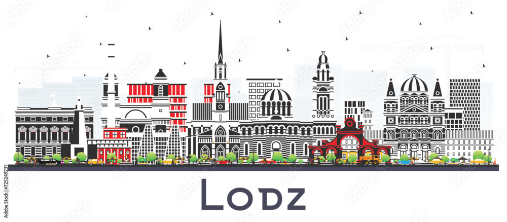 Lodz Poland City Skyline with Color Buildings isolated on white. Lodz Cityscape with Landmarks. Business Travel and Tourism Concept with Historic Architecture.