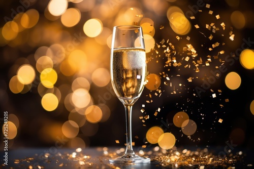 Horizontal background with a glass of sparkling wine. The concept of alcoholic beverages for the holidays.