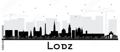 Lodz Poland City Skyline silhouette with black Buildings isolated on white. Lodz Cityscape with Landmarks. Business Travel and Tourism Concept with Historic Architecture.