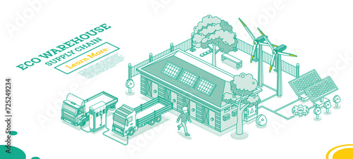 Isometric outline small ECO warehouse. Clean energy. Solar panels and wind turbines. Part of supply chain. Warehouse storage facilities with trucks isolated on white background.