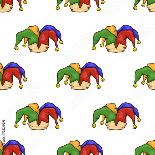 Seamless simple pattern with headdress of medieval jester in cartoon style. Vector Jester hat on white background
