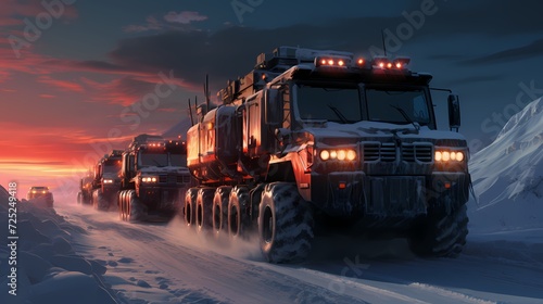 A convoy of AI-driven supply trucks, navigating a treacherous snowy terrain, as they transport vital equipment to a remote military outpost in a strategic Arctic region photo