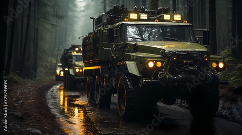 A convoy of autonomous military trucks, equipped with AI-driven navigation, winding its way through a dense forest on a mission to deliver crucial supplies