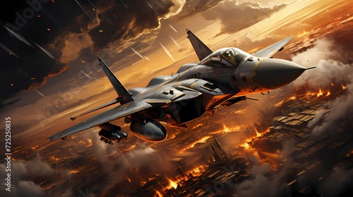 A formation of AI-enhanced fighter jets, executing precise aerial maneuvers in a breathtaking display of technological prowess against the backdrop of a vibrant sunset