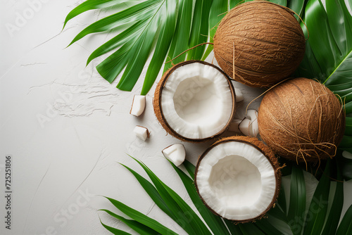 Coconut with half and leaves on white background.