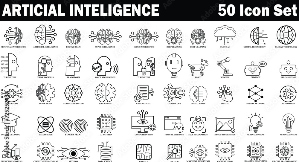 Artificial intelligence black & white line icon set. Editable icon set of AI isolated on white background. high quality line business icon set of AI