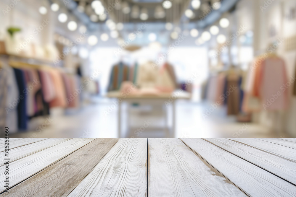 Empty table and blur clothing store with bokeh background. Costume Dress Fashion Store Style Concept. Empty table and blur clothing store with bokeh background. Costume Dress Fashion Store Style Concept.