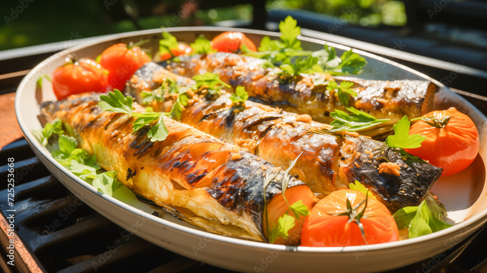 Grilled sardines and vegetables on a charcoal BBQ grill outdoors, view from above. Grilled sardines and vegetables on a charcoal BBQ grill outdoors, view from above.