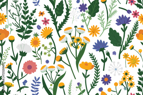 Vector seamless pattern with hand drawn wild plants  herbs and flowers  colorful botanical illustration  floral elements  hand drawn repeating background. Wild meadow herbs  flowering flowers 