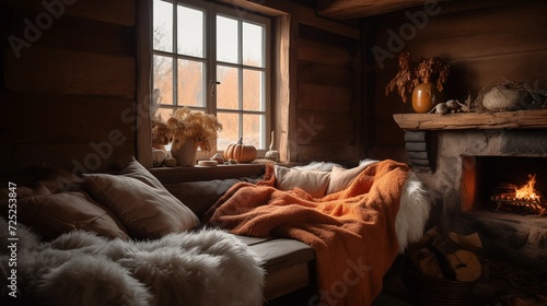 a cozy room with an orange throw and a fireplace, in the style of layers of texture, dark and spooky themes, romanticized views, sleepycore, light amber and beige, norwegian nature, rural life photo