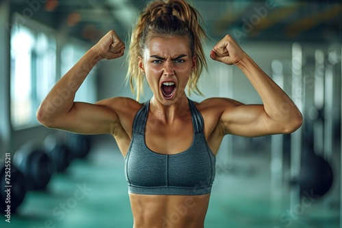 Strong woman athlete raises hands up and screams with energy he is feeling