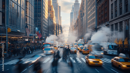 Fotografia Bustling New York City Street with Steam and Sunset Light