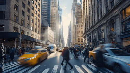 Dynamic Street Scene in New York with Sunlight Between Buildings