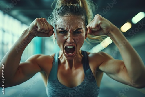 Strong woman athlete raises hands up and screams with energy he is feeling photo
