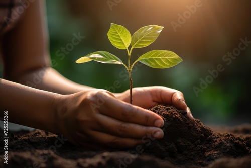 Close up hand of woman holding young plant in soil with sunlight background.