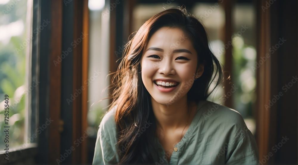 Portrait of a happy young asian woman laughing from Generative AI Portrait of a happy young asian woman laughing from Generative AI