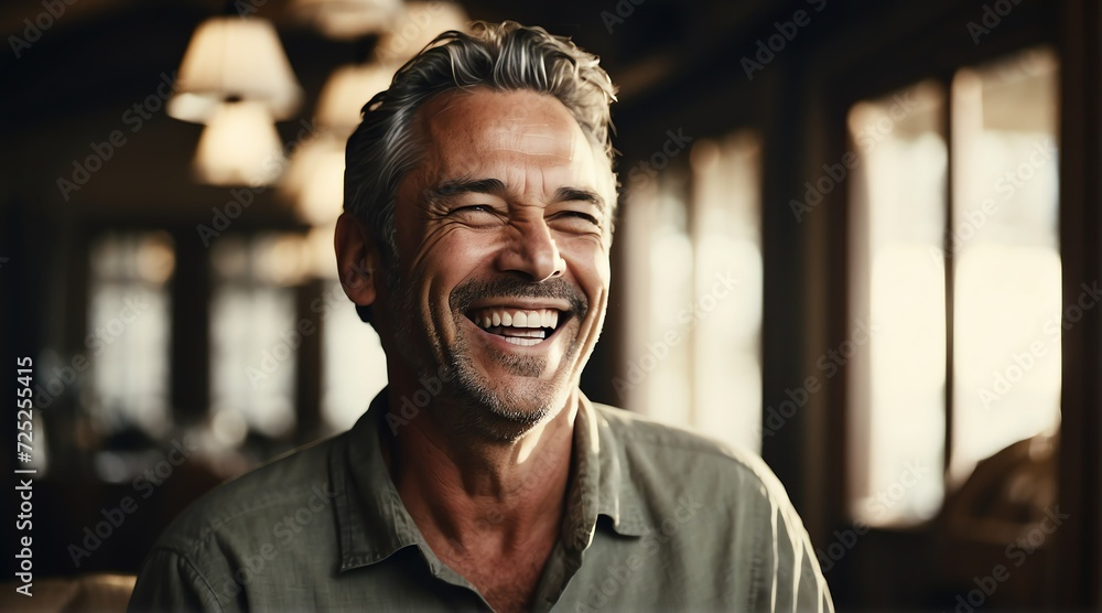 Portrait of a happy middle aged man laughing from Generative AI