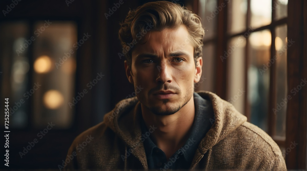 Portrait of a handsome young caucasian man with a serious thinking face from Generative AI Portrait of a handsome young caucasian man with a serious thinking face from Generative AI