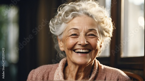 Portrait of a happy elderly woman laughing from Generative AI