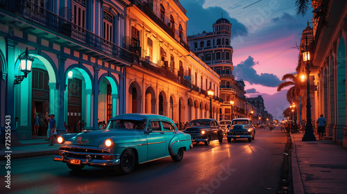 Vintage Cars on a Bustling Street at Sunset in Havana, Cuba © lin