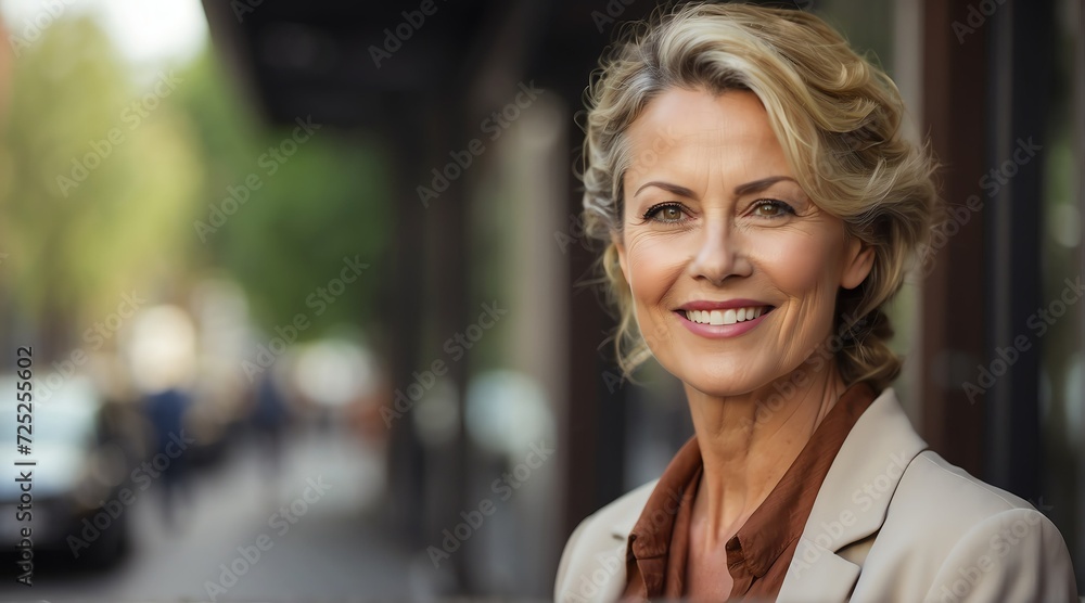 Close up portrait of a professional business middle aged woman smiling outdoor from Generative AI