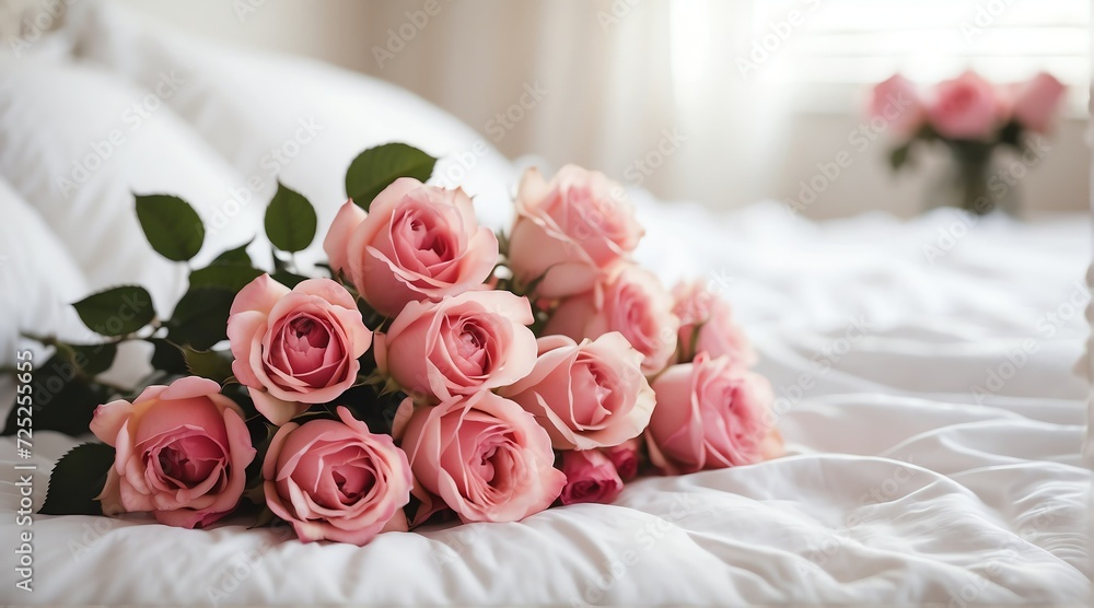 Bouquet of pink roses on a white bed from Generative AI Bouquet of pink roses on a white bed from Generative AI